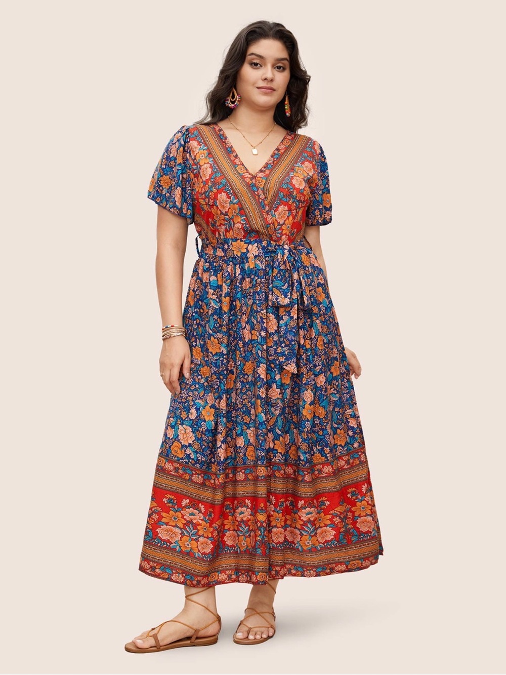 Bandana Surplice Neck Pocket Belted Flutter Hem Maxi Dress - Picture 3 of 5
